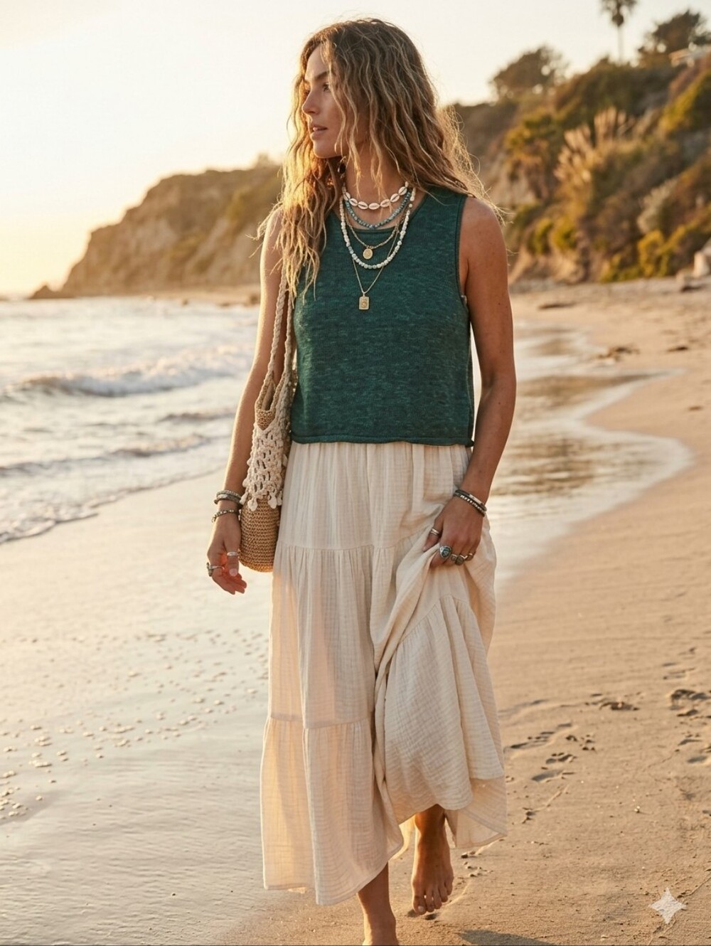 Free People FP Beach Green Top Sweater Vest Linen Blend Size S Small Boho